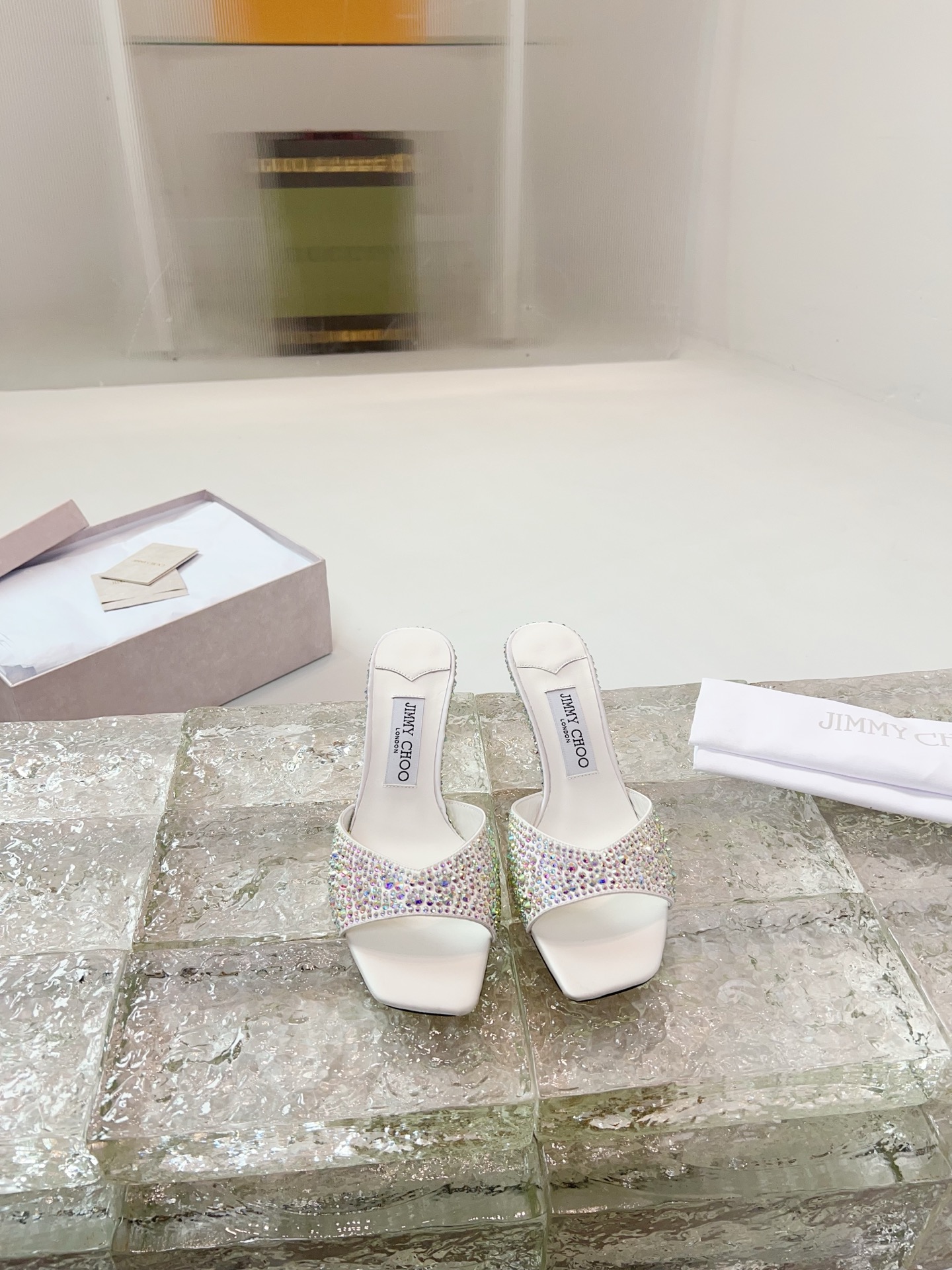 JIMMY CHOO High Heel Sandals Slingback Pointed Toe Pumps Crystal Straps + Imported Sheepskin Full-Grain Crystal Sheepskin