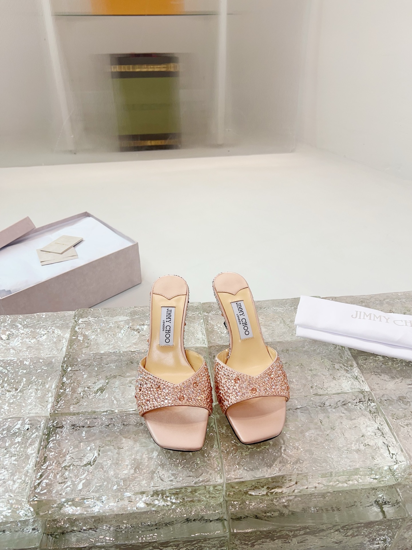 JIMMY CHOO High Heel Sandals Slingback Pointed Toe Pumps Crystal Straps + Imported Sheepskin Full-Grain Crystal Sheepskin