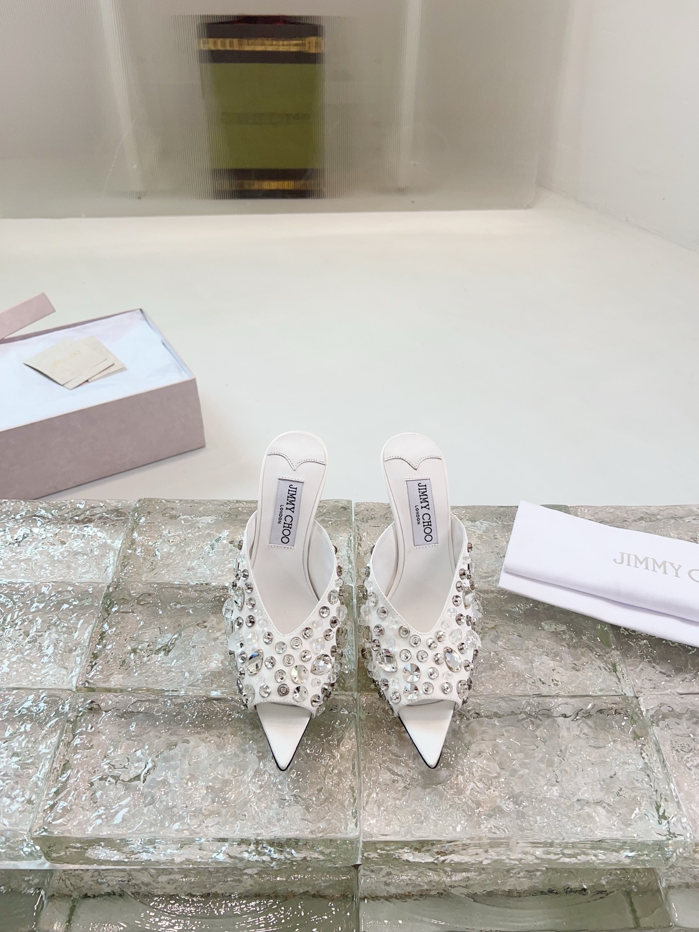 JIMMY CHOO Escarpins Sandales à talons Sandales ouvertes à l'arrière Escarpins à bout pointu Sangle en cristal + cuir de mouton importé Cuir de mouton pleine fleur à cristaux
