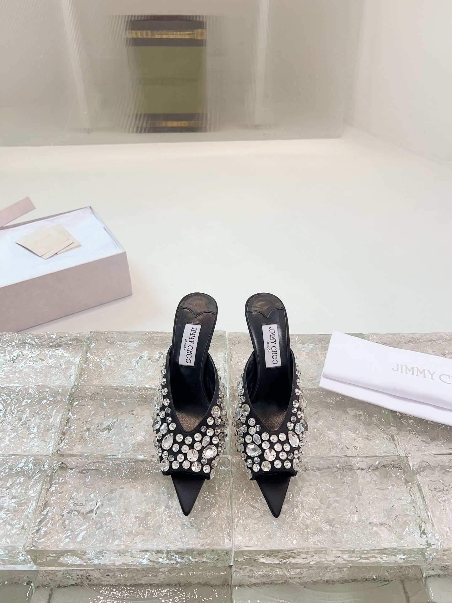 JIMMY CHOO Escarpins Sandales à talons Sandales ouvertes à l'arrière Escarpins à bout pointu Sangles en cristal + cuir de mouton importé Cuir de mouton cristal pleine fleur