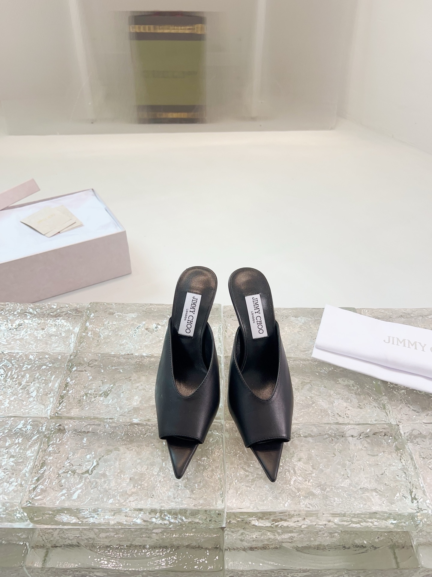 JIMMY CHOO Escarpins Sandales à talons Sandales ouvertes à l'arrière Escarpins à bout pointu Sangle en cristal + cuir de mouton importé Cuir de mouton pleine fleur à cristaux
