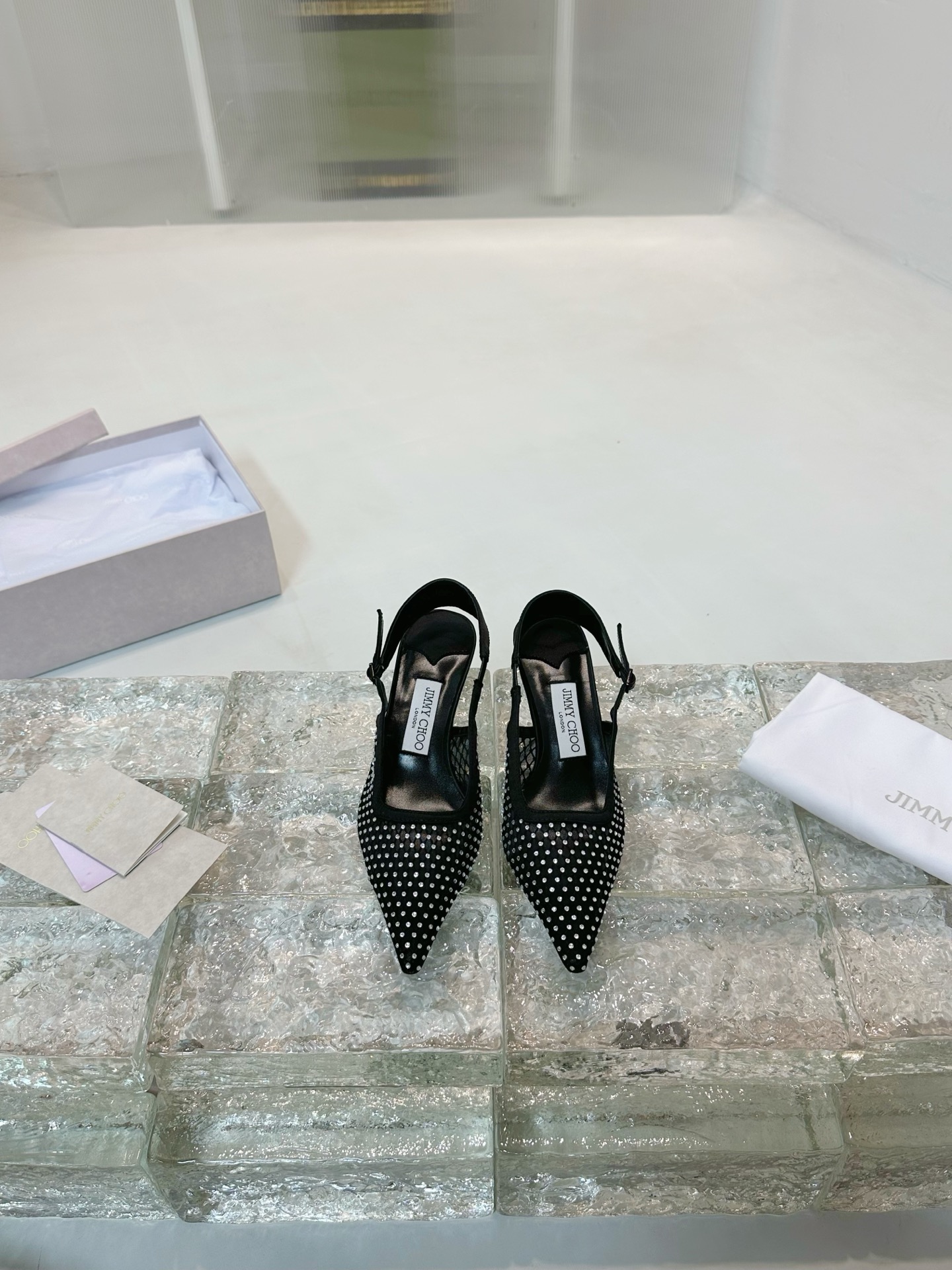 JIMMY CHOO High Heel Sandals Slingback Sandals Pointed Toe Pumps Crystal Straps + Imported Sheepskin Full Grain Crystal Sheepskin