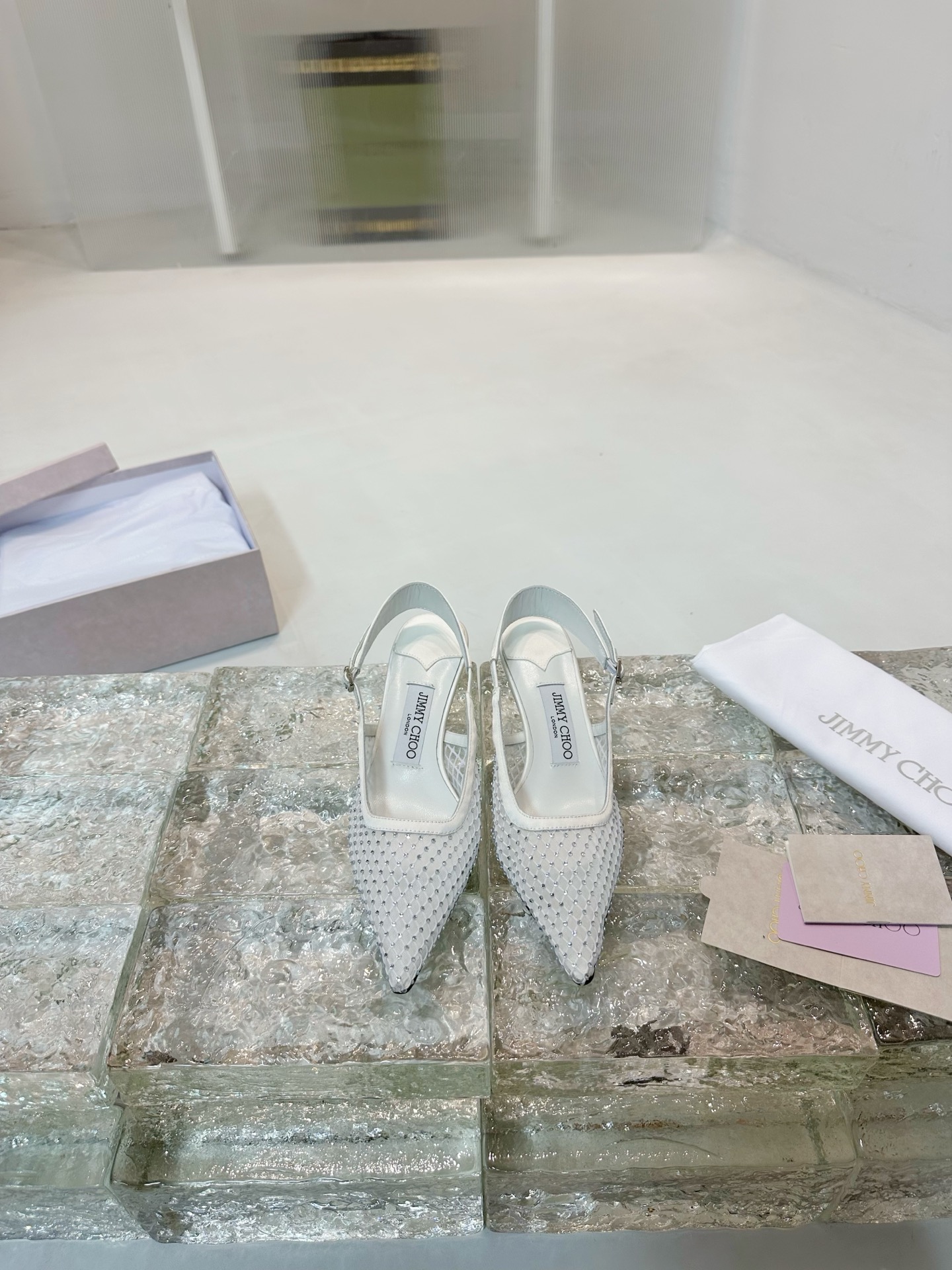 JIMMY CHOO High Heel Sandals Slingback Sandals Pointed Toe Pumps Crystal Straps + Imported Sheepskin Full Grain Crystal Sheepskin