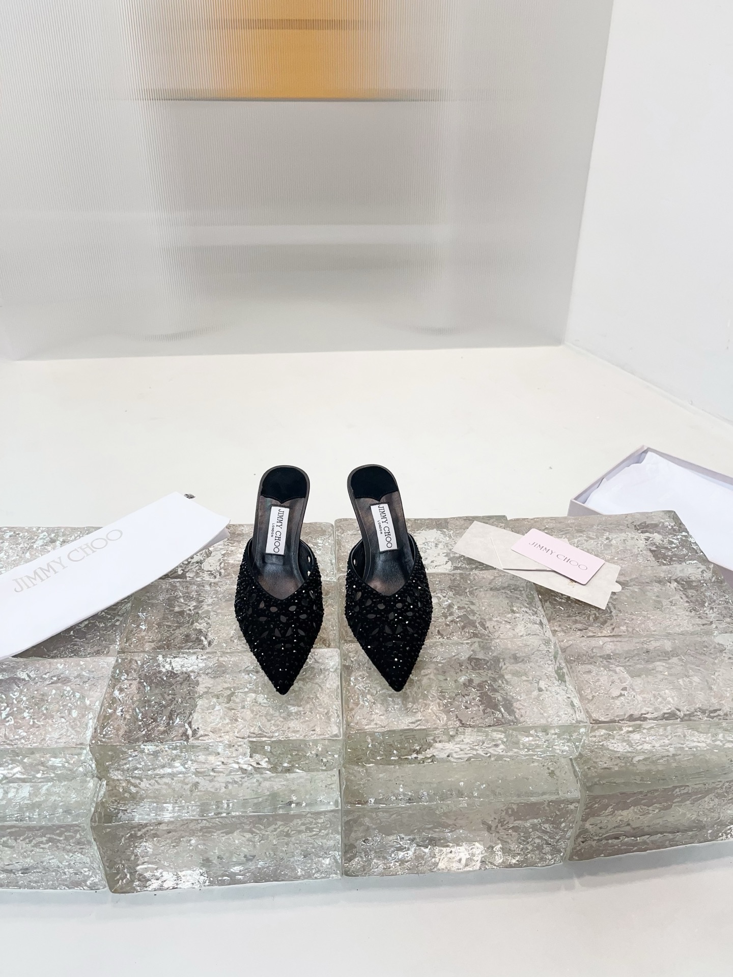 JIMMY CHOO High Heel Sandals Slingback Pointed Toe Pumps Crystal Straps + Imported Sheepskin Full Grain Crystal Sheepskin