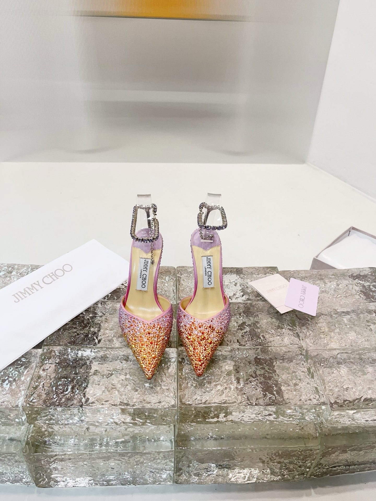 JIMMY CHOO hoge hakken sandaal slingback sandaal pumps met puntige neus kristallen bandjes + geïmporteerd lamsleer volledig nerfleer kristallen lamsleer