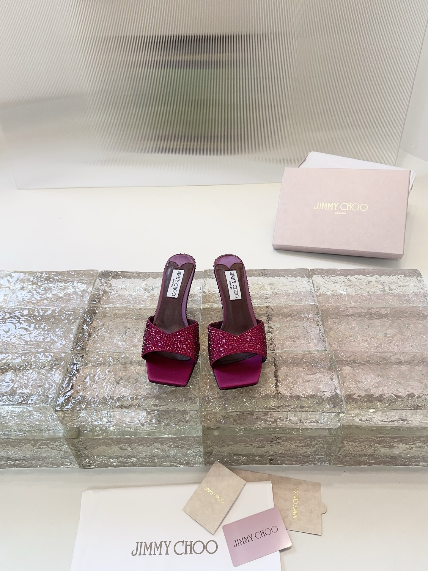 JIMMY CHOO High Heel Sandals Slingback Pointed Toe Pumps Crystal Straps + Imported Sheepskin Full Grain Crystal Sheepskin