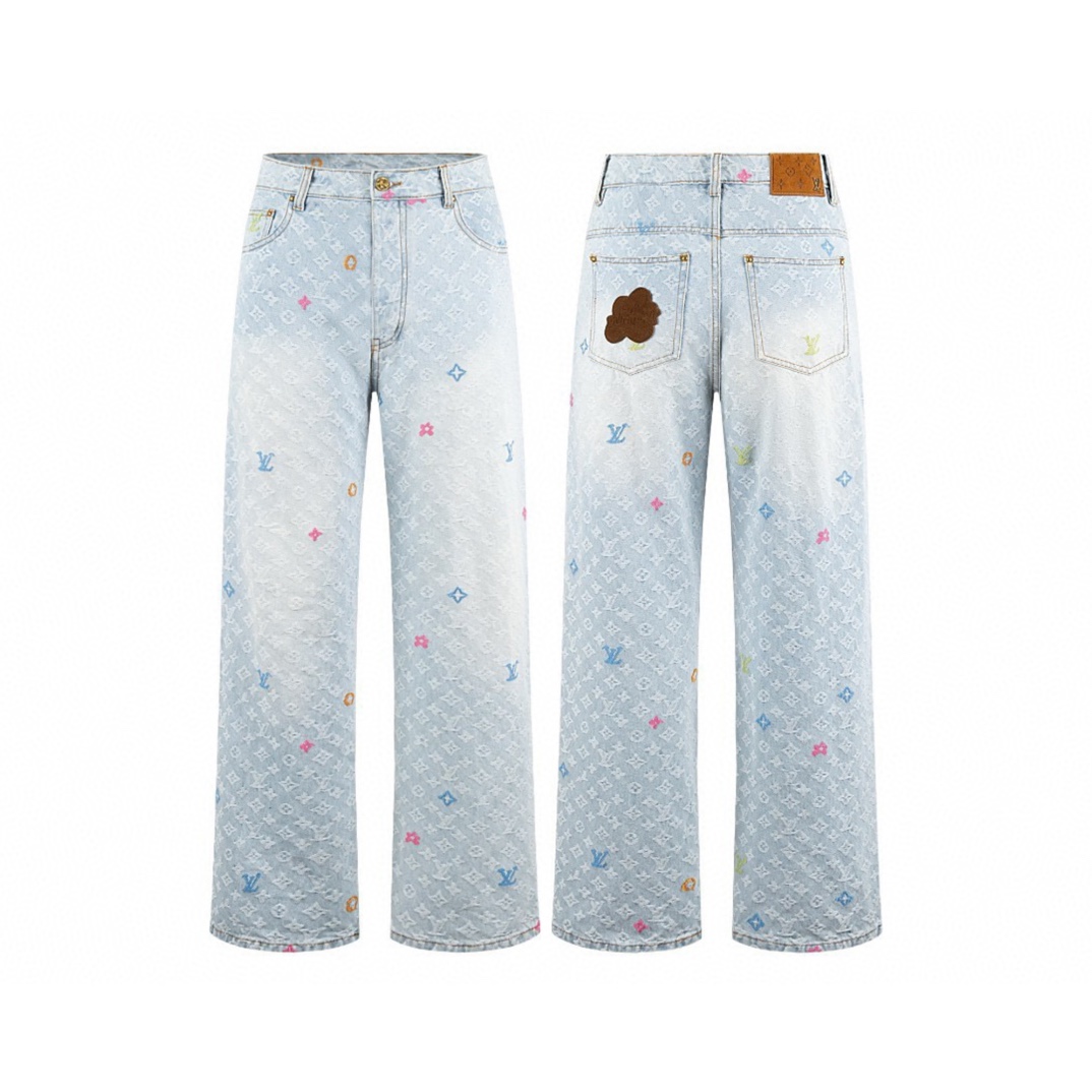 Louis Vuitton Vêtements Jeans Bleu Couleur chocolat Vert fluorescent clair rose Rouge Blanc Jaune Broderie de fleurs Unisexe Chamois Coton Tissu coton bleu Collection printemps – été Vintage Peu importe