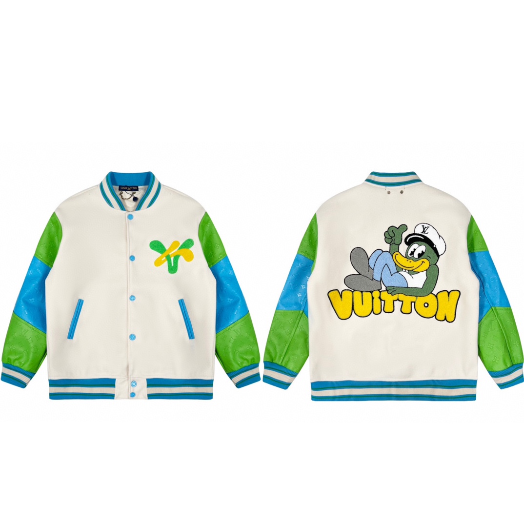 LOUIS VUITTON/LV Louis Vuitton SS23 Chaqueta de béisbol con mangas de cuero con bloques de color bordado del pato Donal…