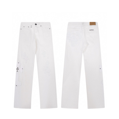 Chrome Hearts White Denim Jeans with Cross Leather Patches - Limited Edition