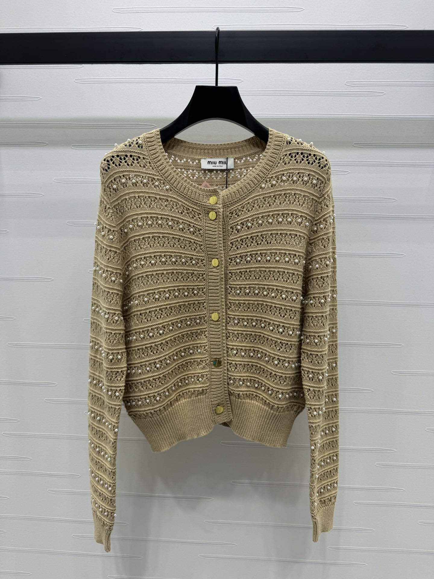 MiuMiu Abbigliamento Cardigan Oro Openwork Lavorazione a maglia Lana Collezione Autunno Maniche lunghe