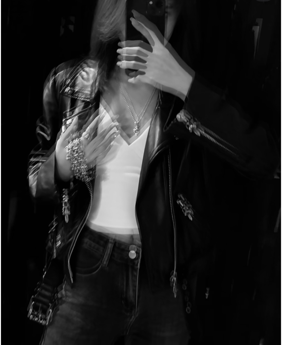 Leather jacket, scarf