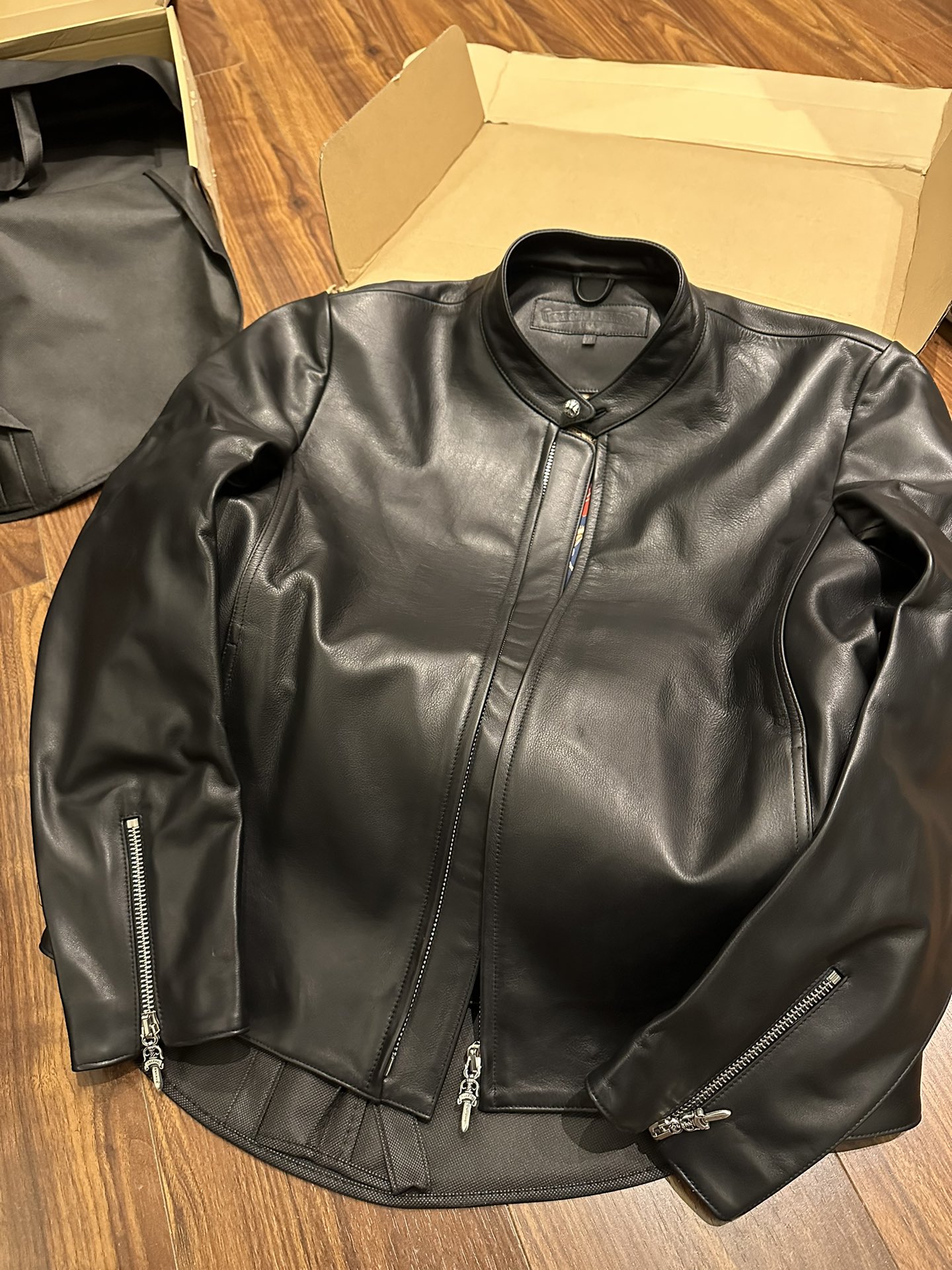Leather jacket, scarf