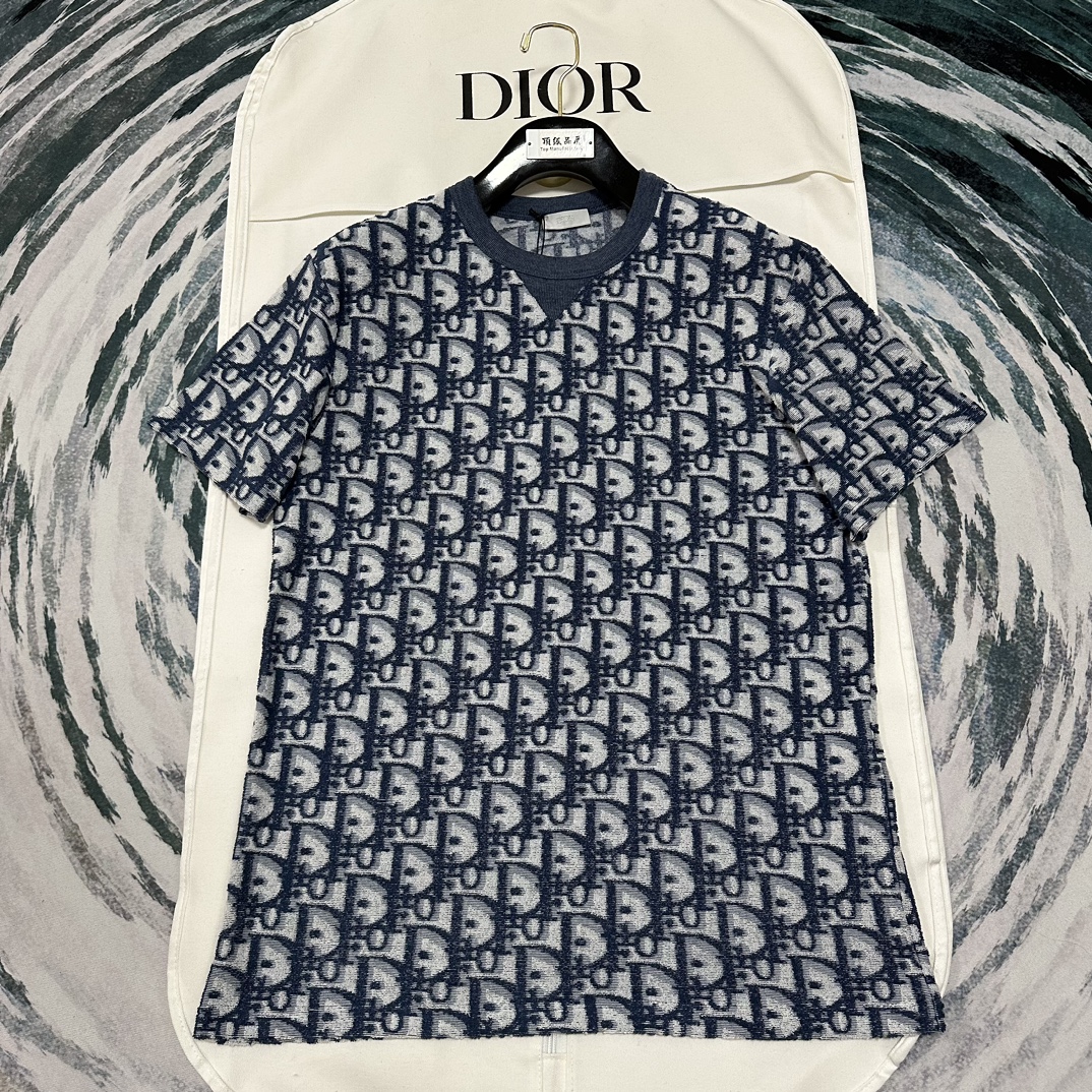 Dior Kleidung T-Shirt Blau Grün Weiß Drucken Unisex Baumwolle Stricken Oblique Kurzarm