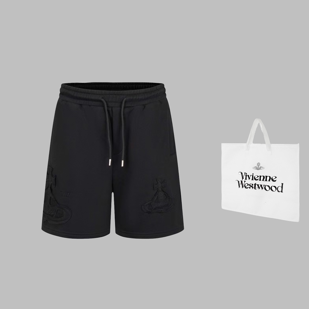 2024s Vivienne Queen Saturn Handbags Collection: Black & White Embroidered Shorts, XSSML Sizes.