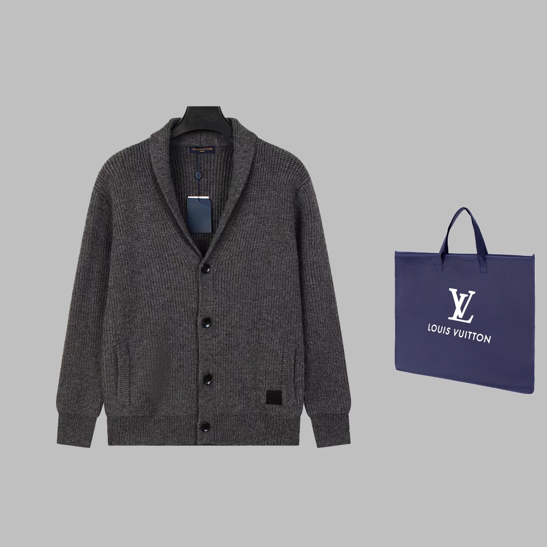 LV Coarse Knitted Sweater with Shawl Collar and Bull Horns, Marque 1.Vu**ton Déposée Leather Label - 图片 1