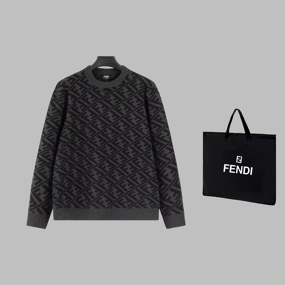 Fashion Styles with Custom Wool Fabrics for Classic Round-Collar Sweater by FENDI