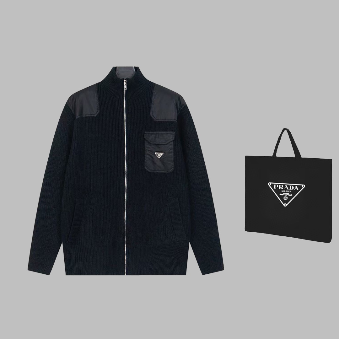 Prada Knitted Sweater and Zipper Jacket with Handbags: Customized Cotton Knitting and Elegant Metal Emblems - 图片 1