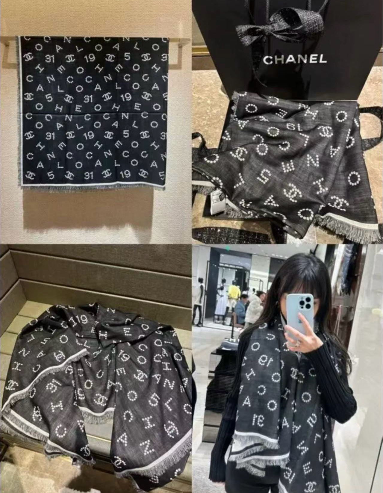。 市场高版本😎chanel25C围巾，羊绒➕丝，软软糯糯，这条珍珠样式双面提花黑灰配色，非常百搭，14