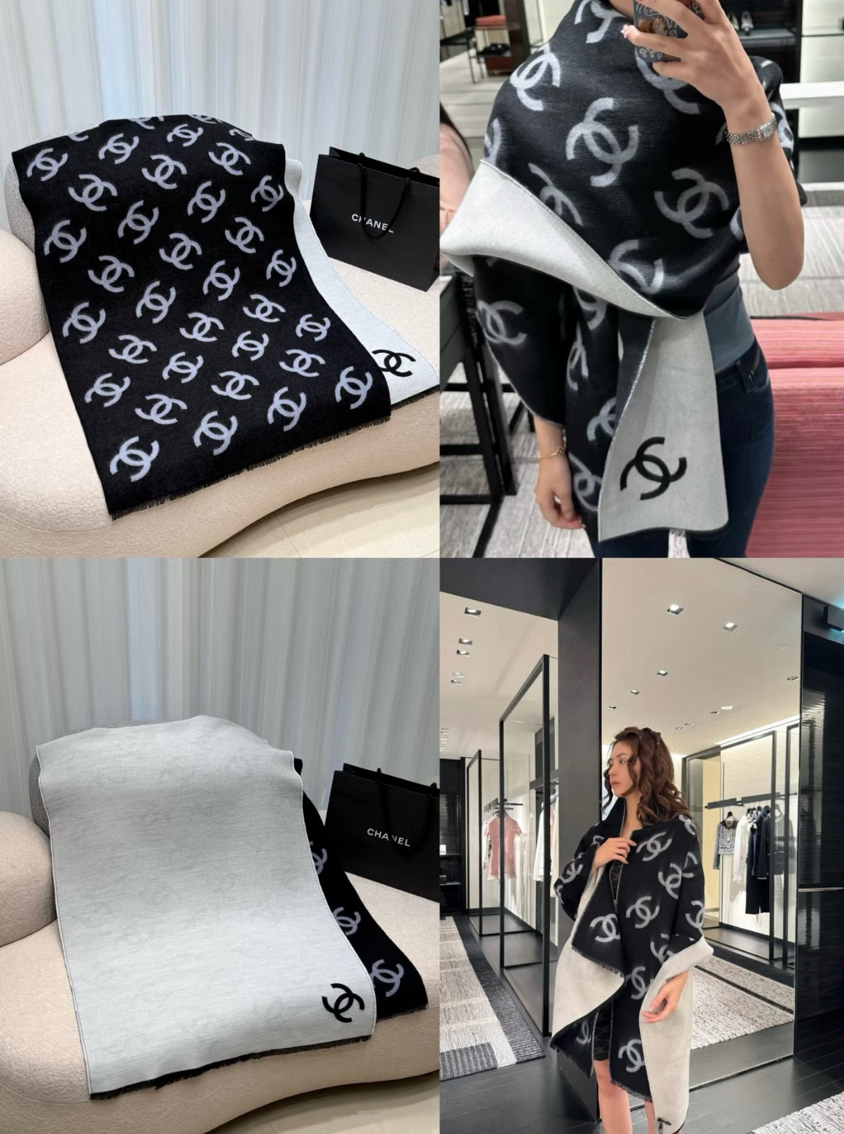 。 最新款Chanel25b黑白披肩🧣🧣🧣满logo的披肩真的太爱了！识别度超高而且在空调房里披着真的刚
