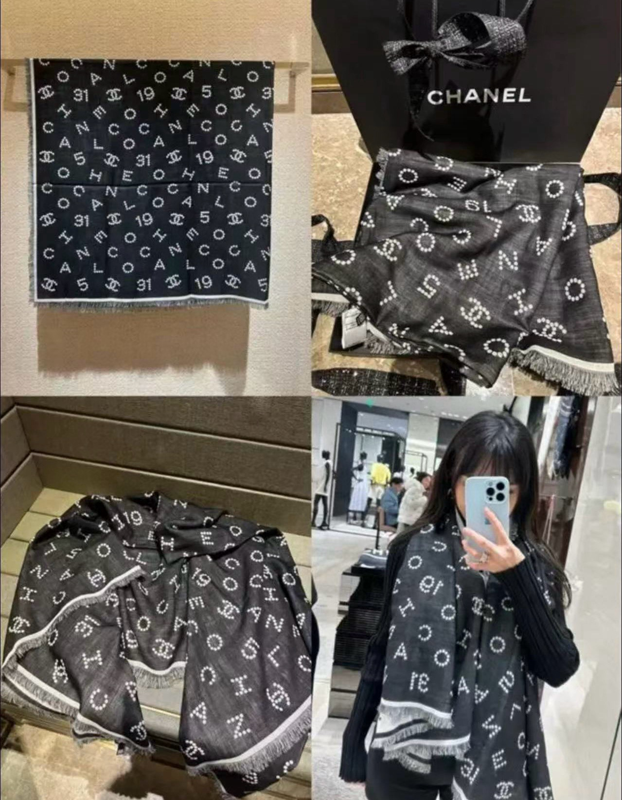 P195P 市场高版本😎chanel25C围巾,羊绒➕丝,软软糯糯,这条珍珠样式双面提花黑灰配色,非常百搭,140cm*140cm,物超所值!