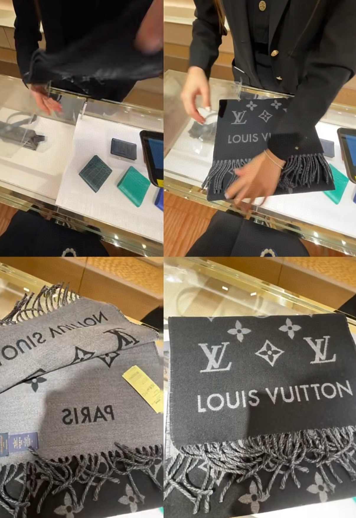 PLV路易威登男款官方图，黑灰拼色All About Monogram 围巾瞩目放大经典 Monogra