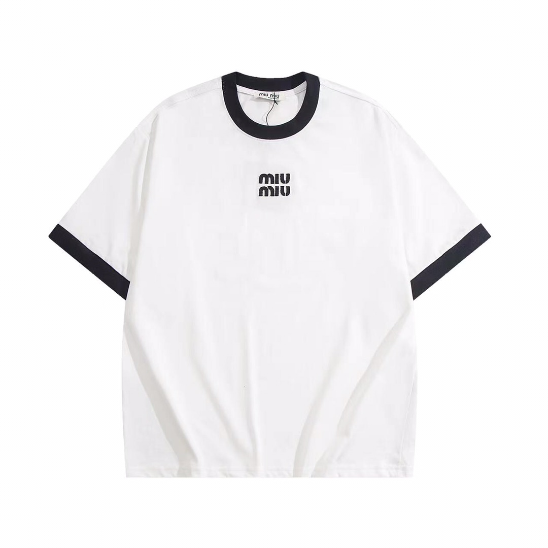 MiuMiu Clothing T-Shirt Embroidery Unisex Short Sleeve