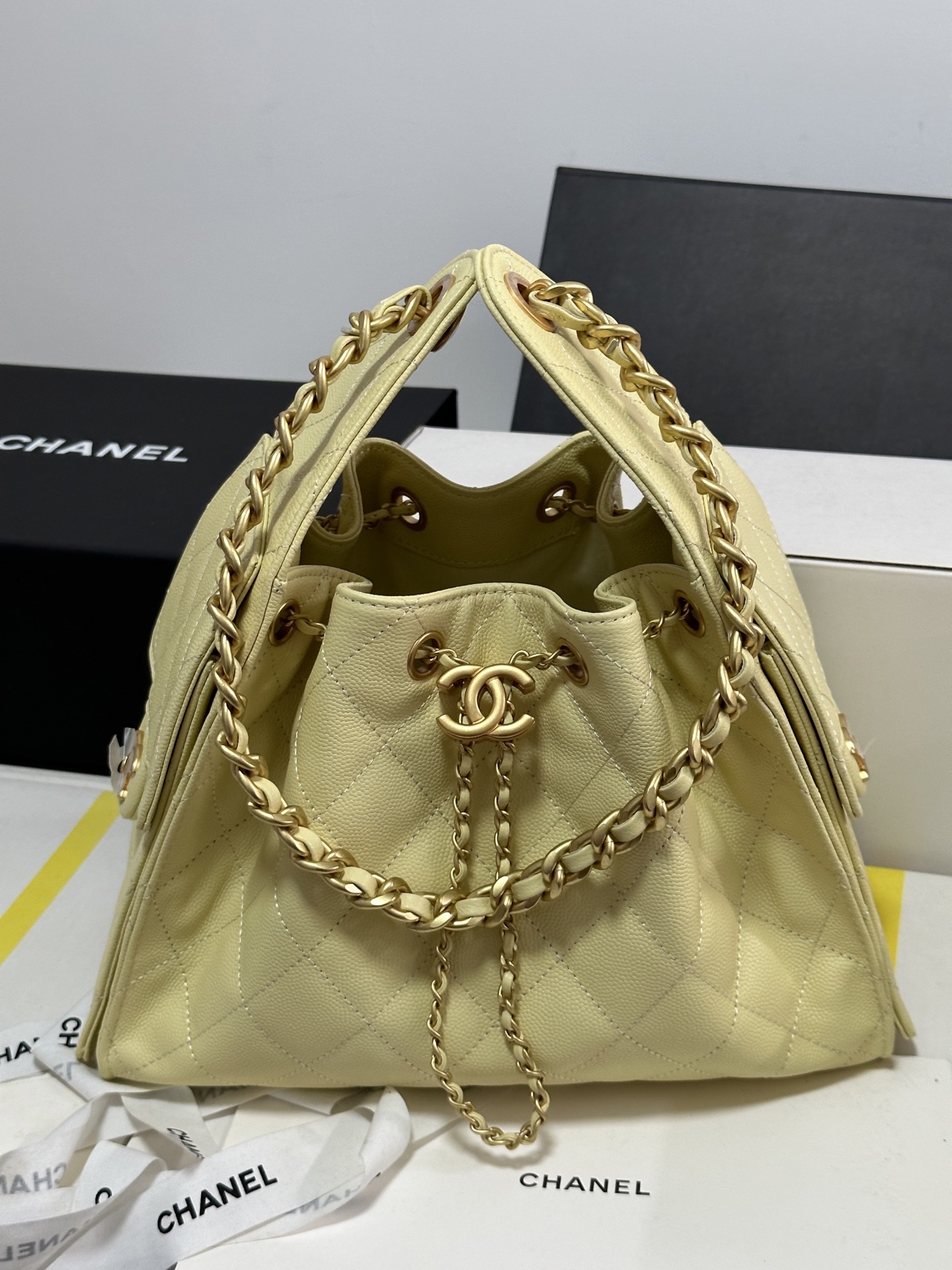 Chanel 25C Hobo Bag, Leather Shoulder Bag with Chain Accent, Yellow 2 i1751957385494 3725 0 0