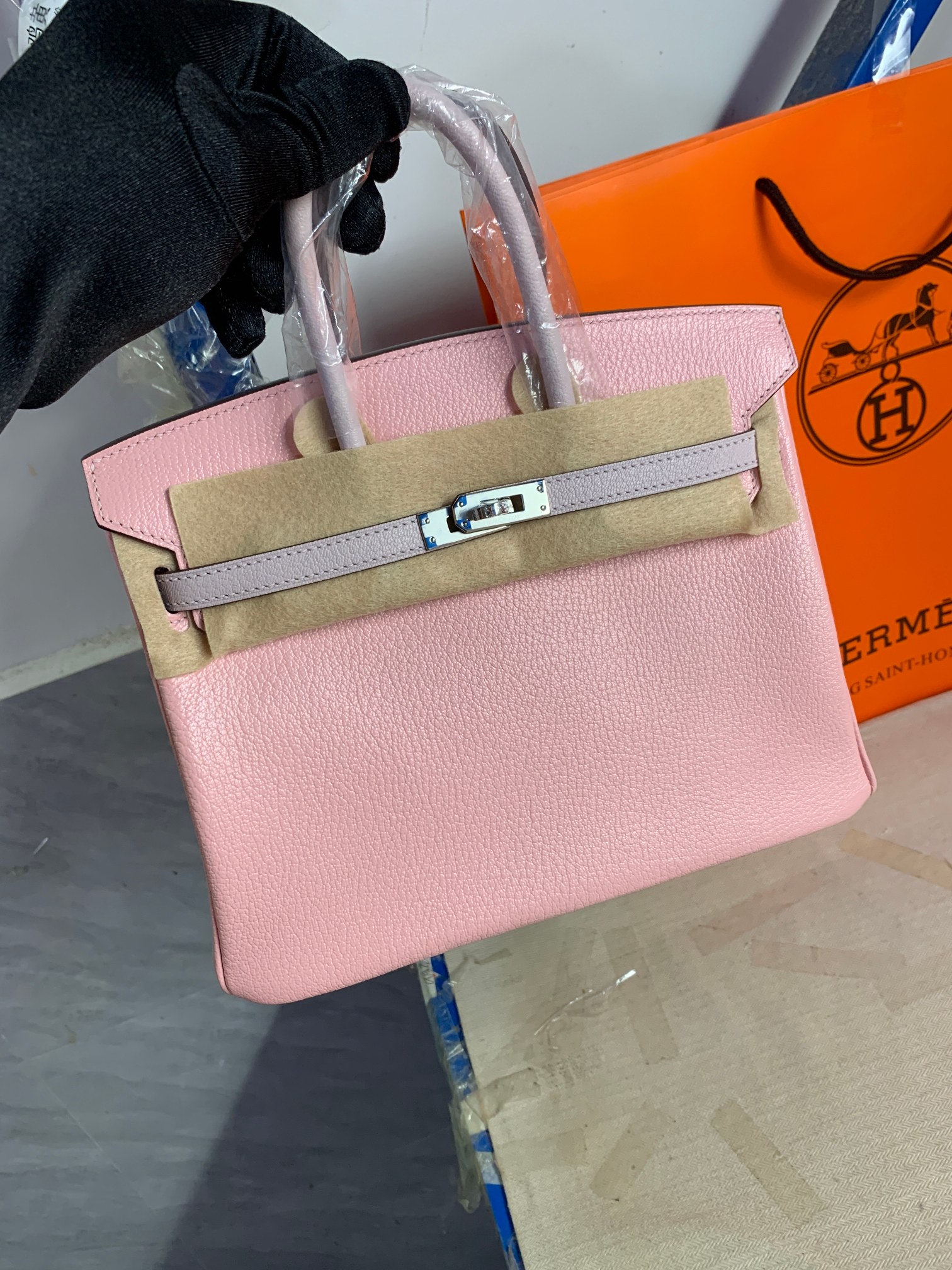 Fotos reales del pedido del cliente 💞💞💞 birkin25 púrpura soñador/rosa 3Q, piel de cabra, hebilla plateada, cosido a …