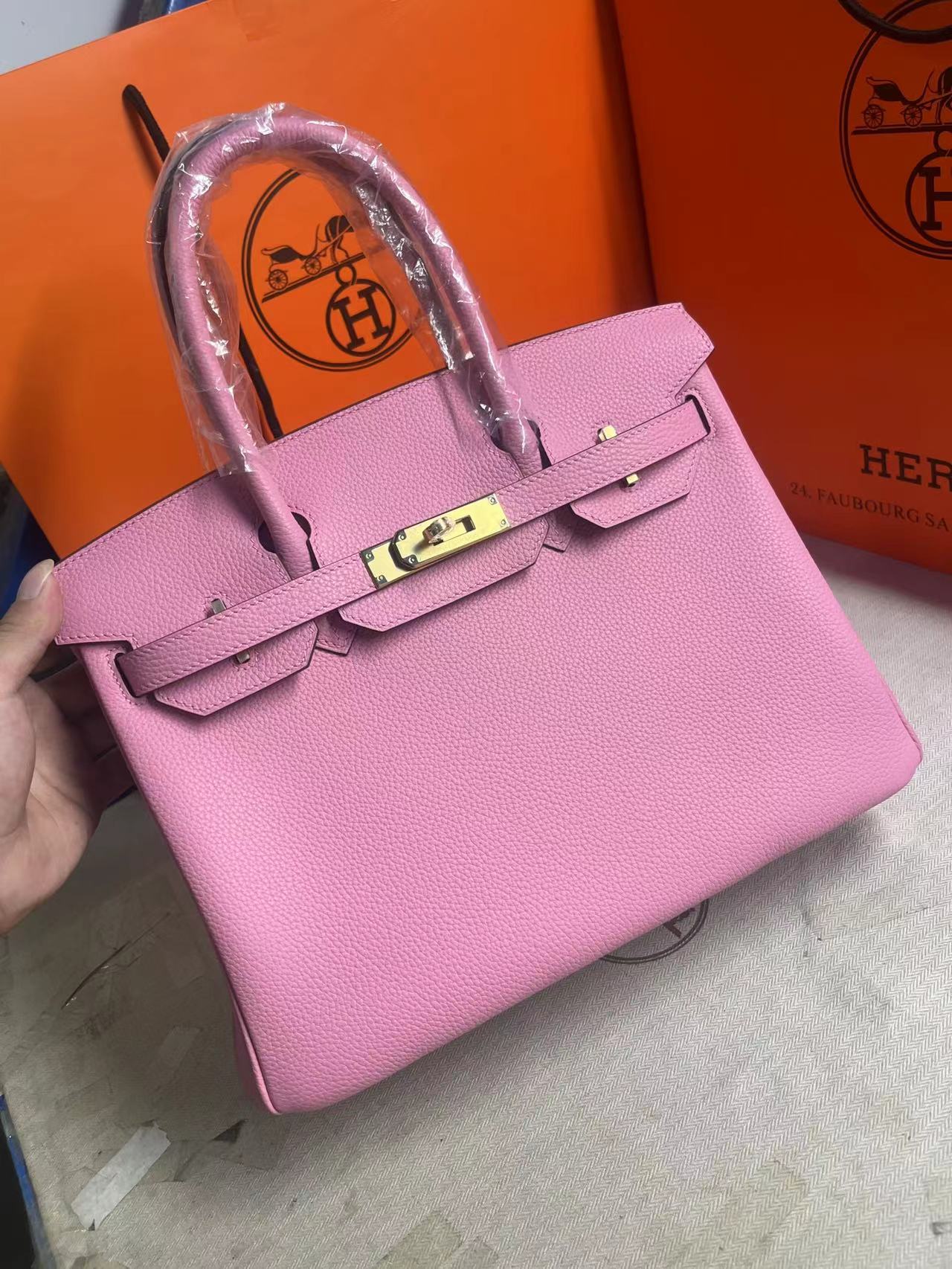 Pedido personalizado foto real birkin 30 5P rosa flor de cerezo hebilla dorada piel togo hilo de cera hecho a mano