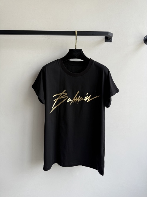Balmain Women's Black T-Shirt with Gold Signature Logo - Stylish and Chic 1 Balmain Women's Black T-Shirt with Gold Signature Logo - Stylish and Chic