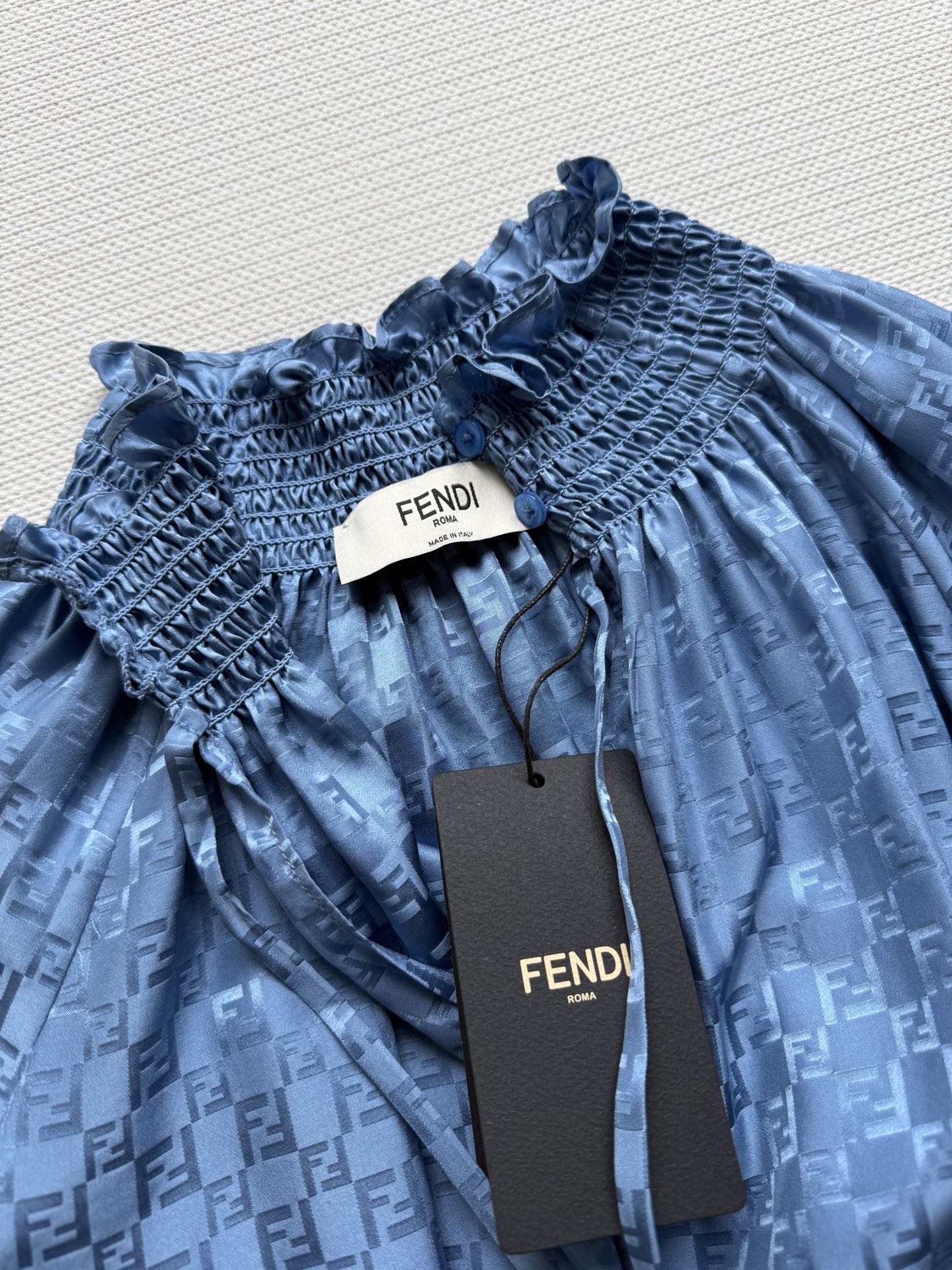 Fend* Silk Blue Dress with FF Pattern and Floral Details - Summer Collection 7 i1748324971091 7700 0 5