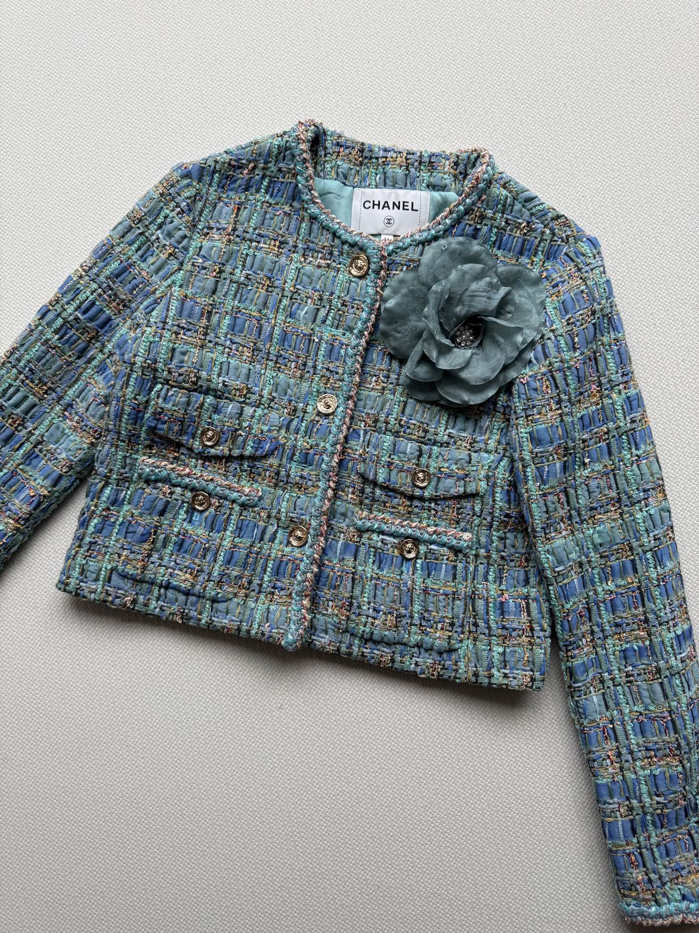 Chanel Inspired Tweed Jacket - Elegant Blue-Green, Lion Head Buttons, Size 36-40 4 i1754460333040 566 0 2