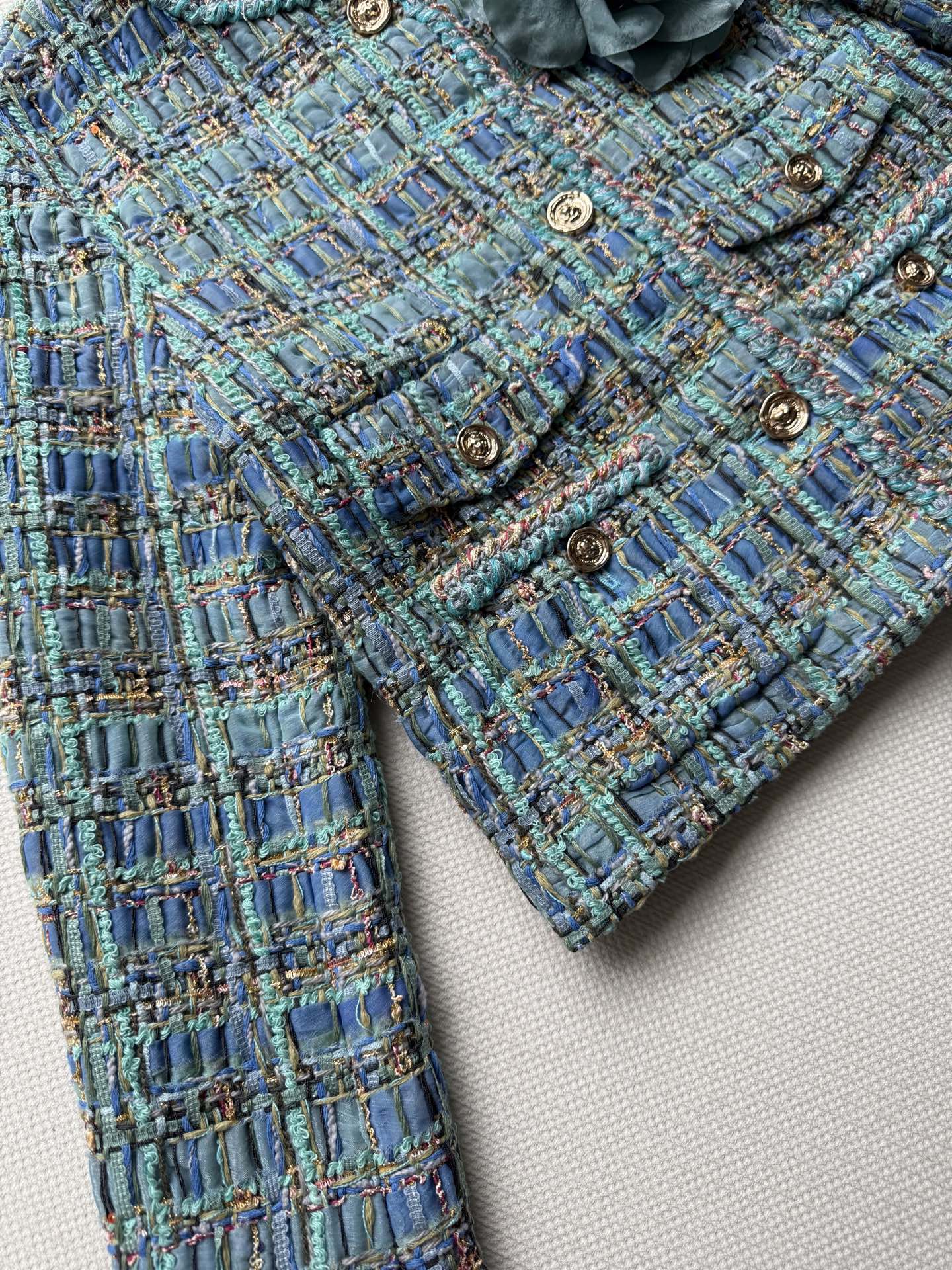 Chanel Inspired Tweed Jacket - Elegant Blue-Green, Lion Head Buttons, Size 36-40 8 i1754460334447 1166 0 3