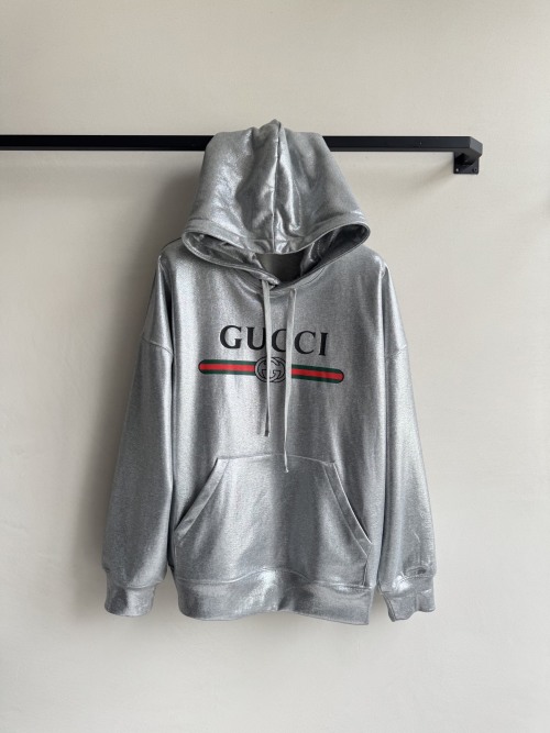 Gucci Metallic Silver Logo Hoodie Women's Y3K Style S-L 1 Gucci Metallic Silver Logo Hoodie Women's Y3K Style S-L