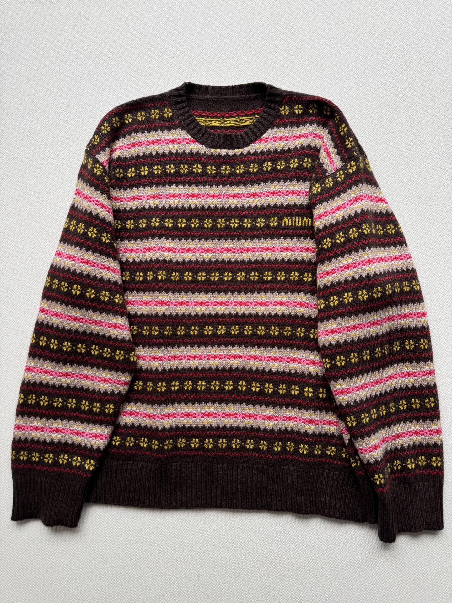 Miumi*🆕复古条纹毛衣直接把冬日氛围感拉满 深棕条纹款配色浓郁又复古，像把秋日森林穿身上，小花纹精致