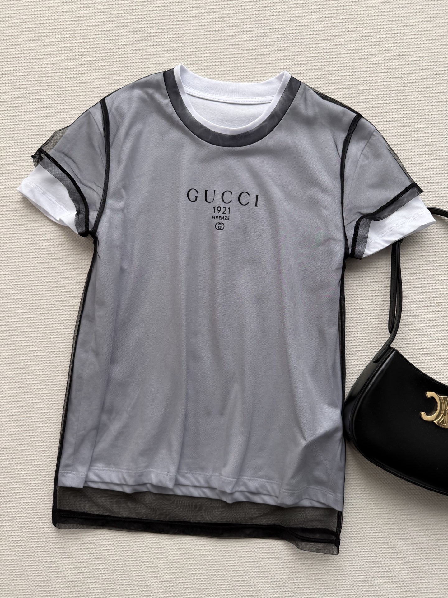 Gucc*🆕透视网纱+内搭白T，甜酷感拉满，面料自带高级雾面感，上身挺括不软塌ＳＭＬ.