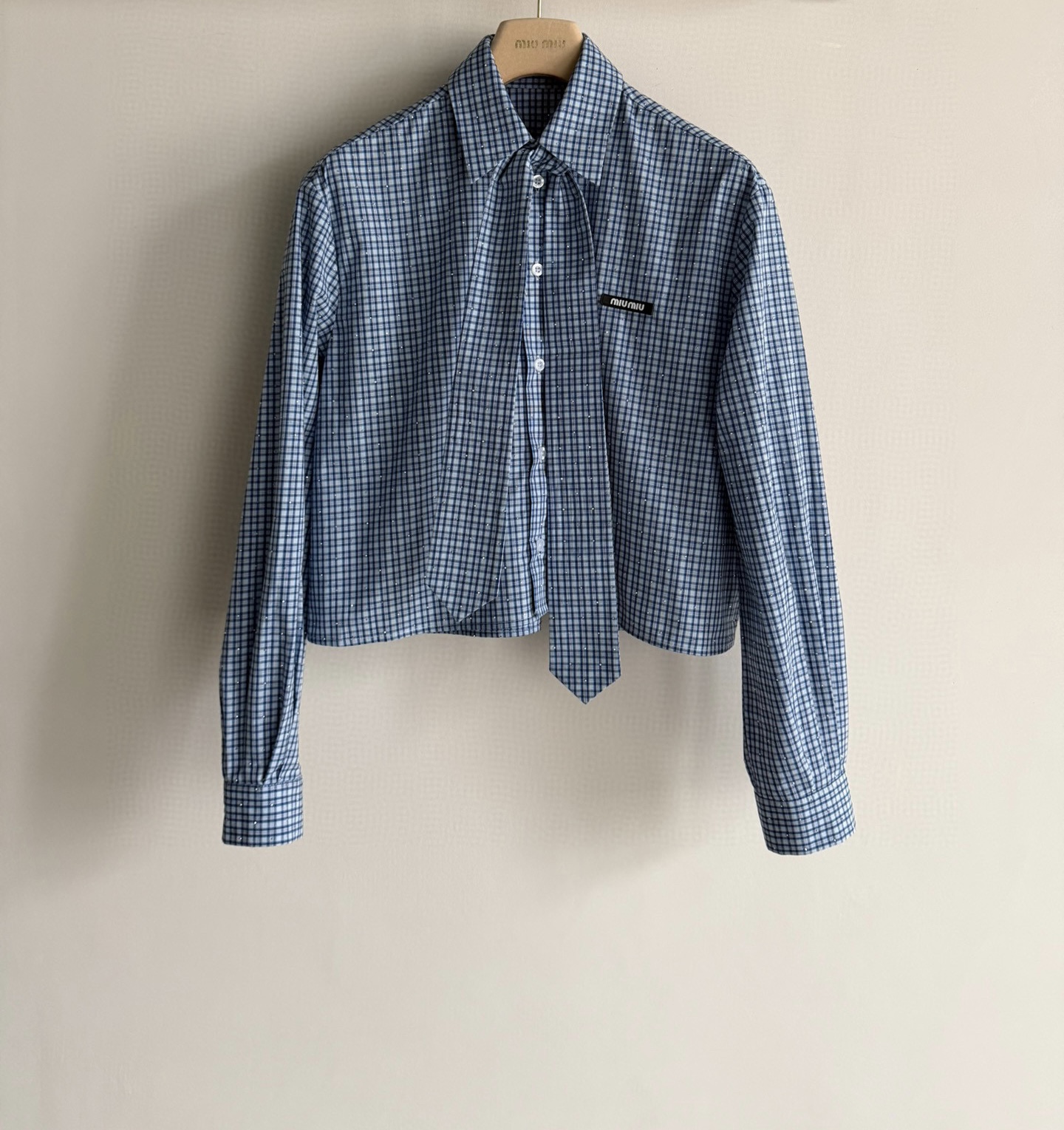 MiuMi*💙26SS新款蓝色格纹衬衫，采用全棉面料，柔软亲肤又不易皱，日常穿着超舒适！细密蓝格纹+胸前