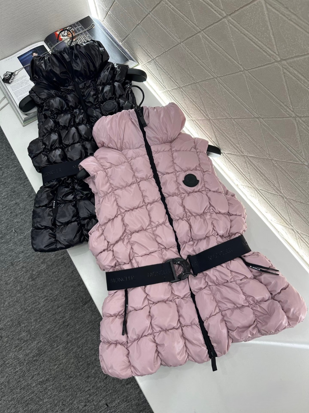 Moncler Emilion Pink Padded Vest, Lightweight Nylon Fabric, Detachable Belt