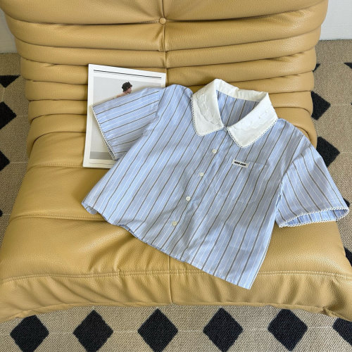 Miu Miu Inspired Blue Striped Short Sleeve Shirt with Lace Collar 1 Miu Miu Inspired Blue Striped Short Sleeve Shirt with Lace Collar