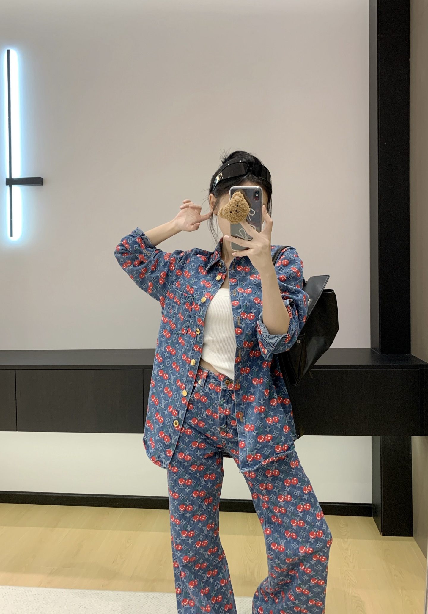 Louis Vuitton Denim Shirt and Pants Set with Cherry Blossom Print