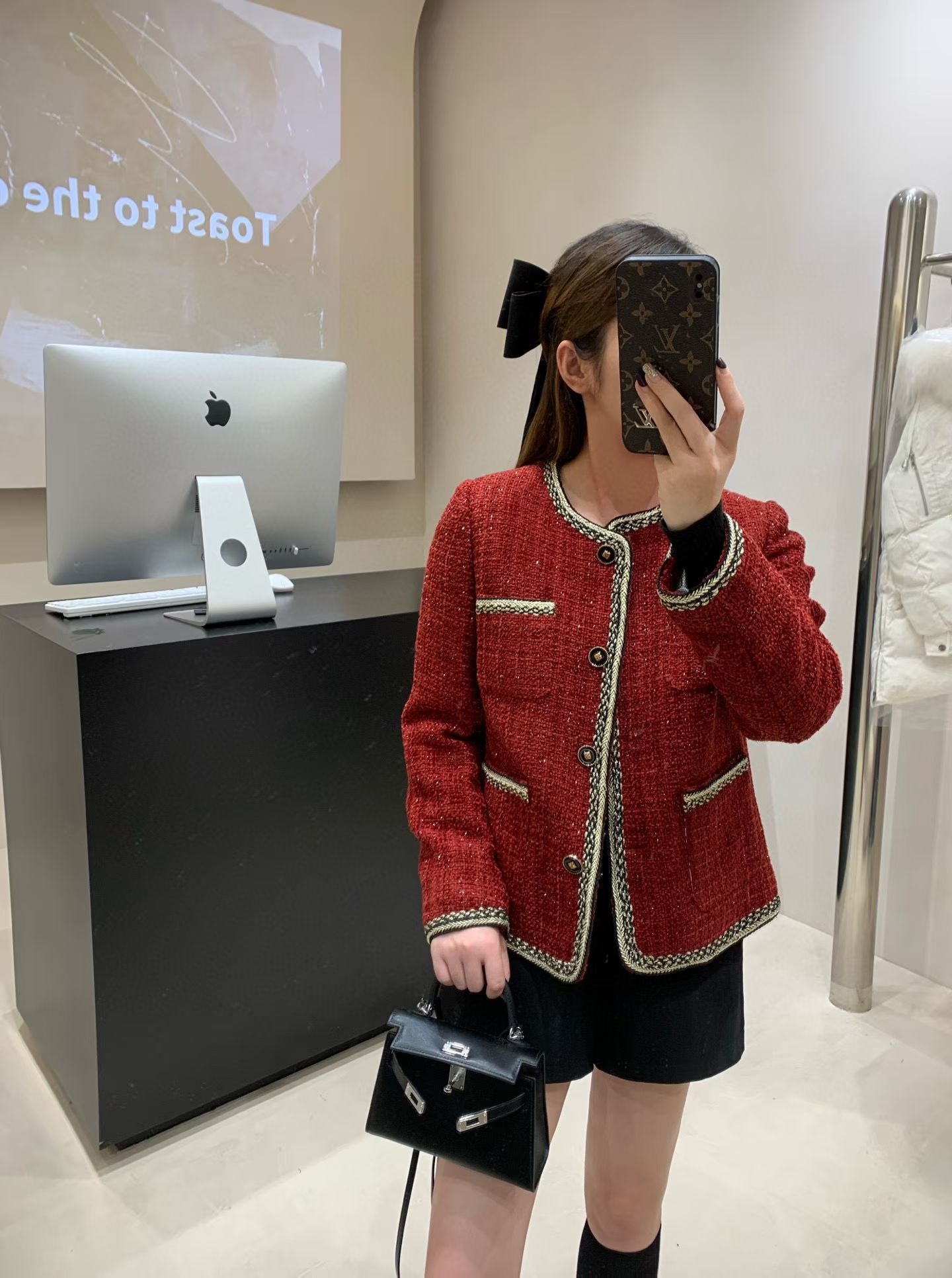 Chanel-Style Red Tweed Jacket - Perfect for Holiday Festive Season