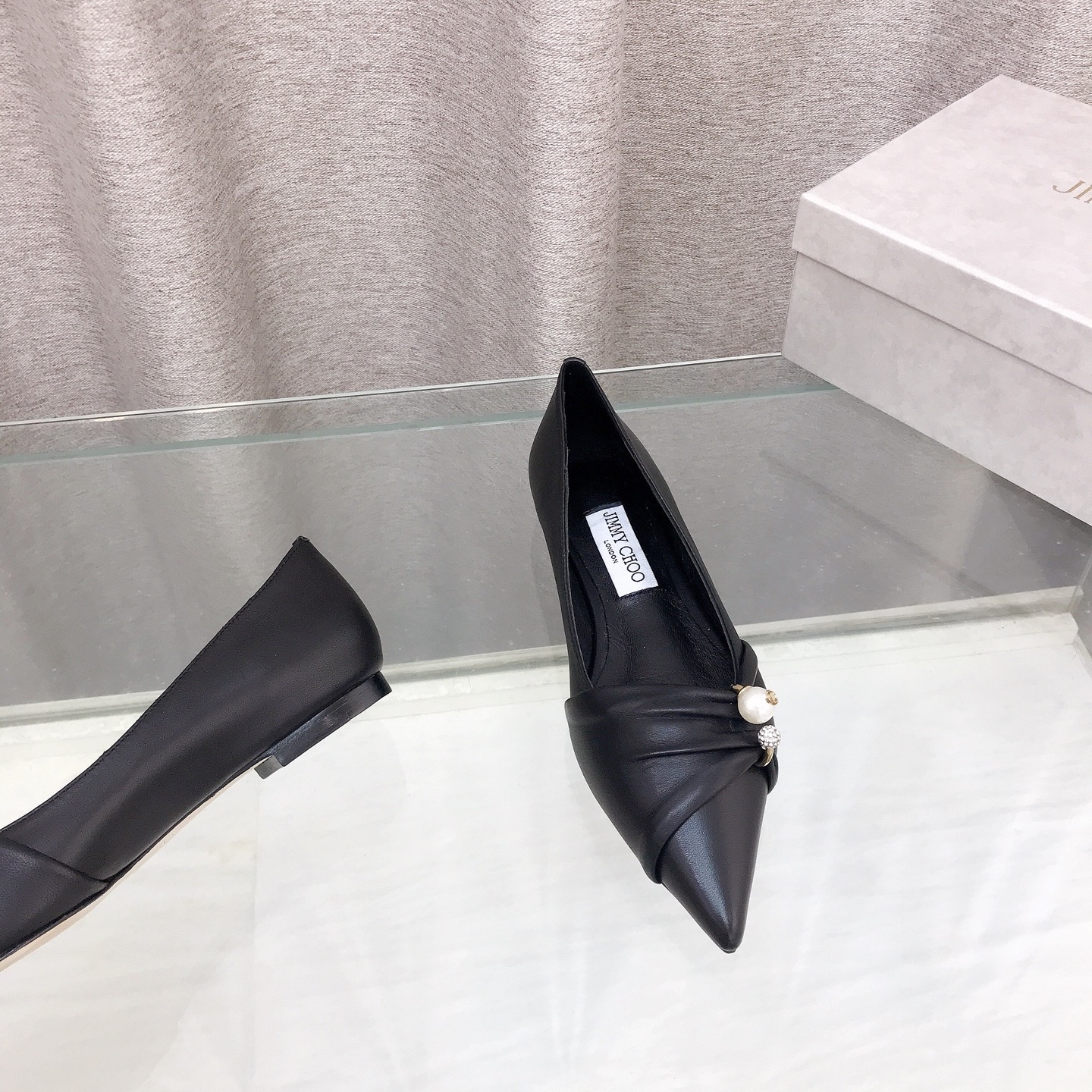 Ruched Leather Pearl Crystal Pointed Flat Pumps