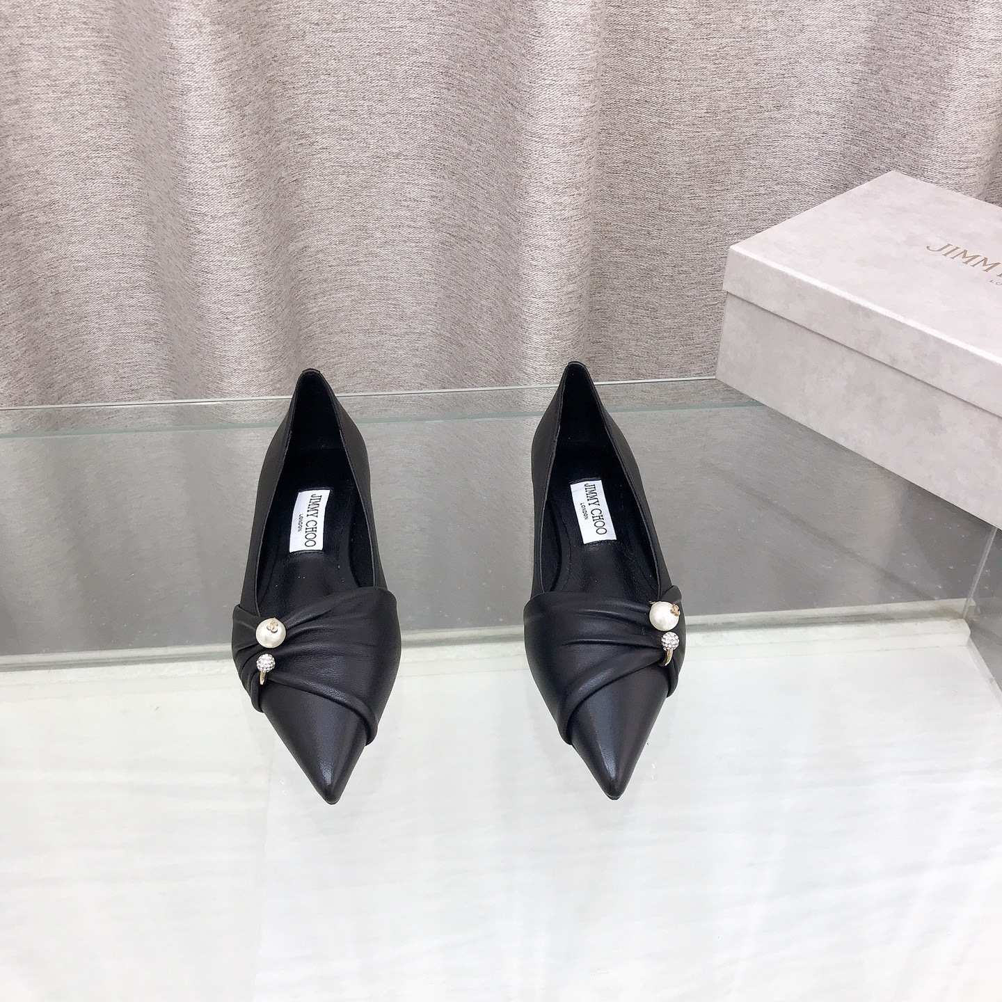 Ruched Leather Pearl Crystal Pointed Flat Pumps