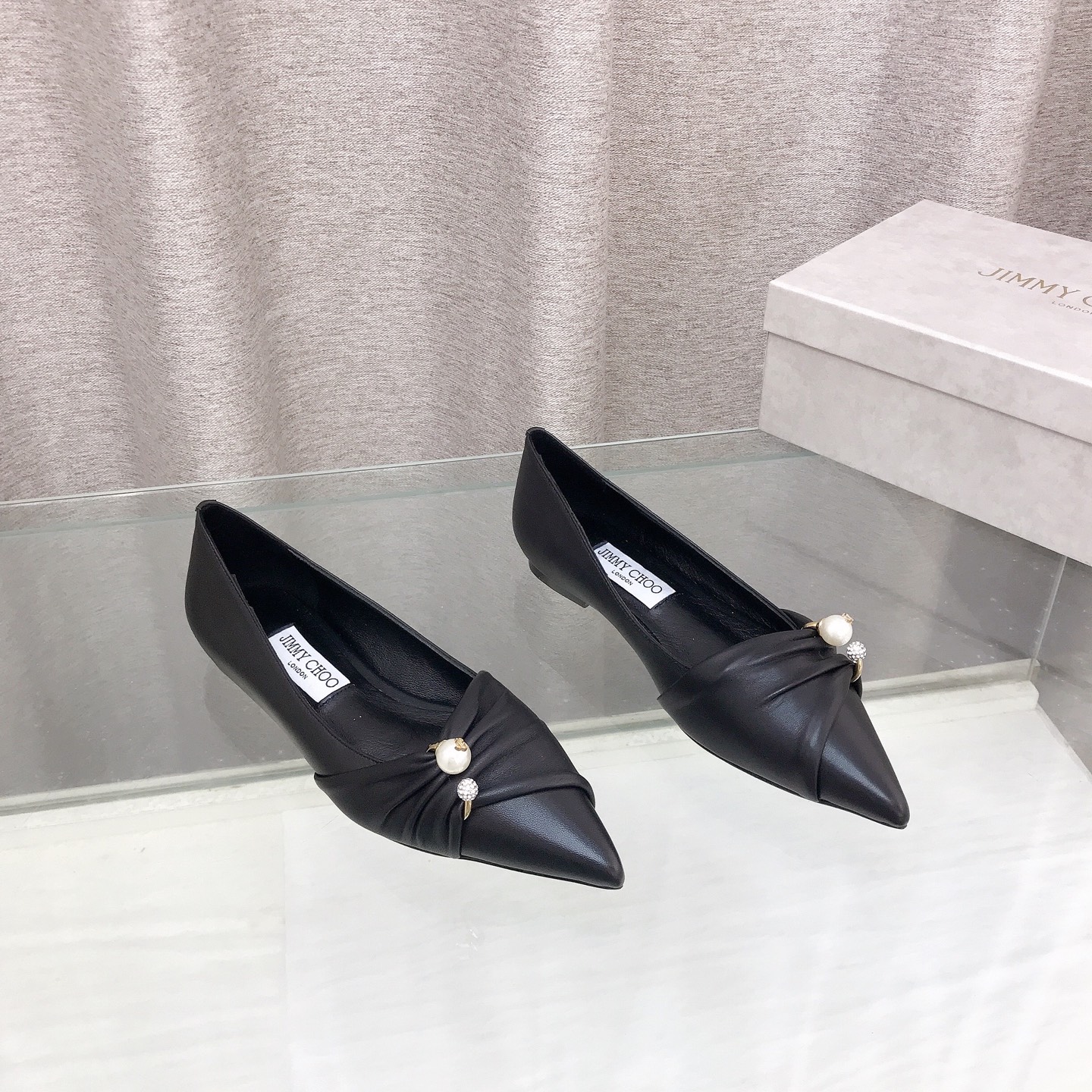 Ruched Leather Pearl Crystal Pointed Flat Pumps