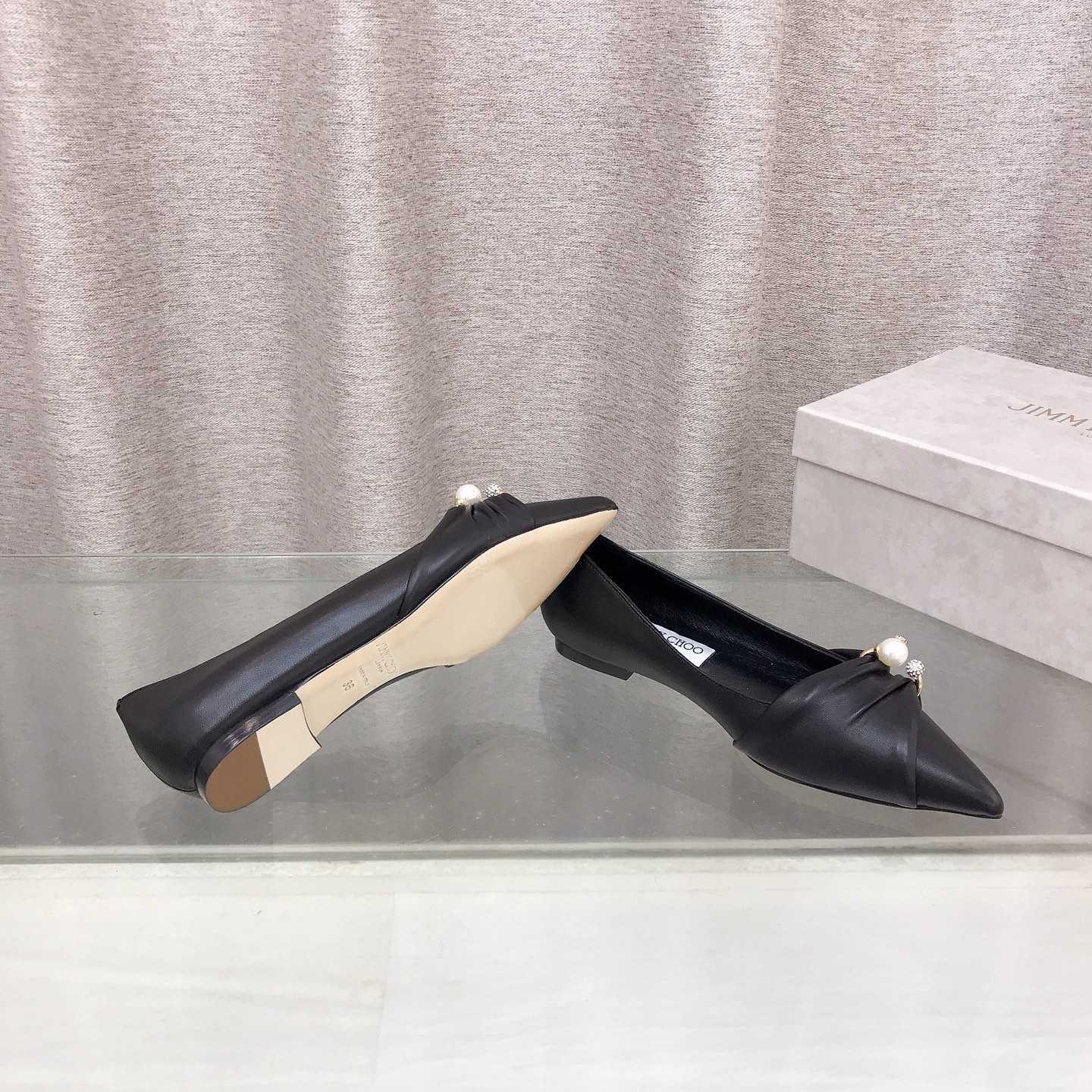 Ruched Leather Pearl Crystal Pointed Flat Pumps