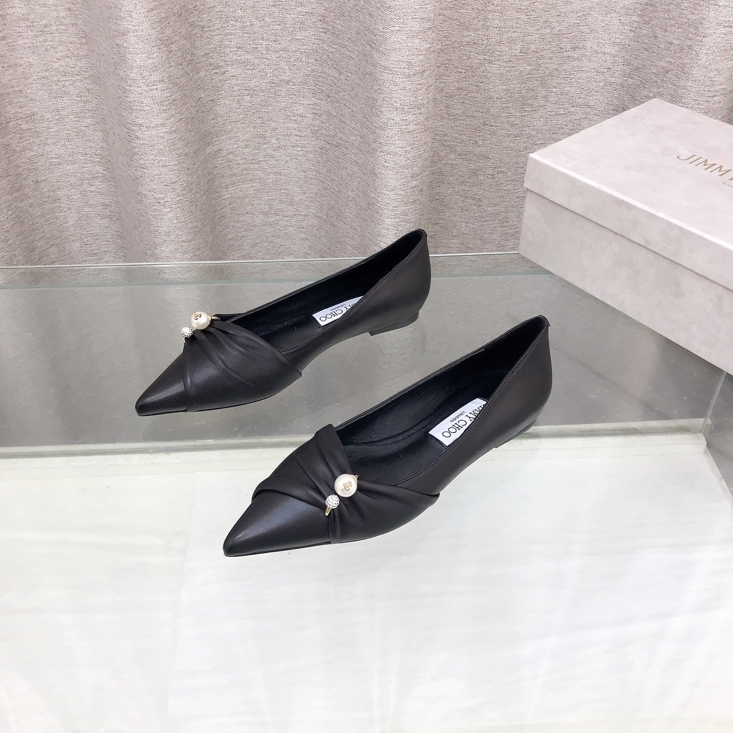 Ruched Leather Pearl Crystal Pointed Flat Pumps