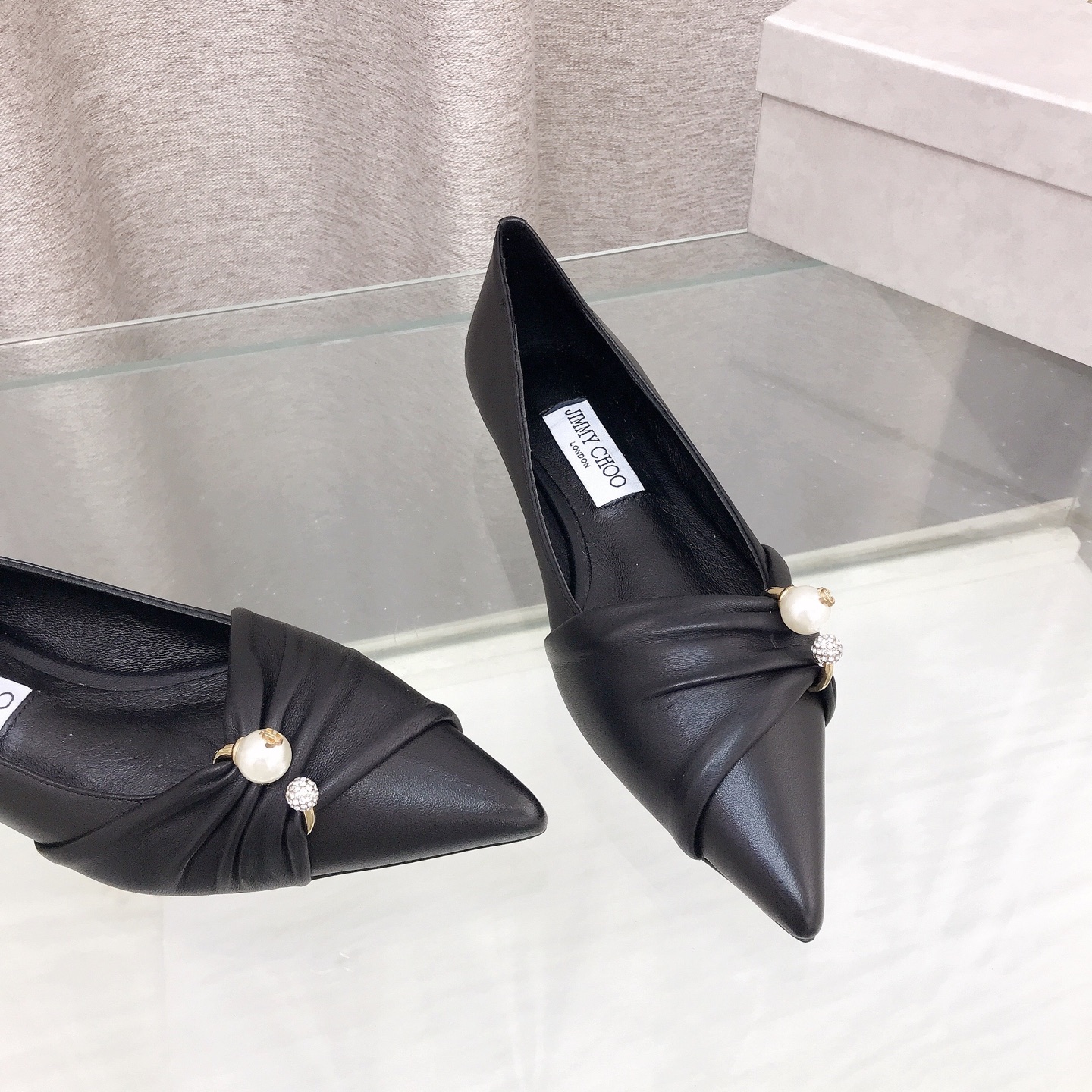 Ruched Leather Pearl Crystal Pointed Flat Pumps