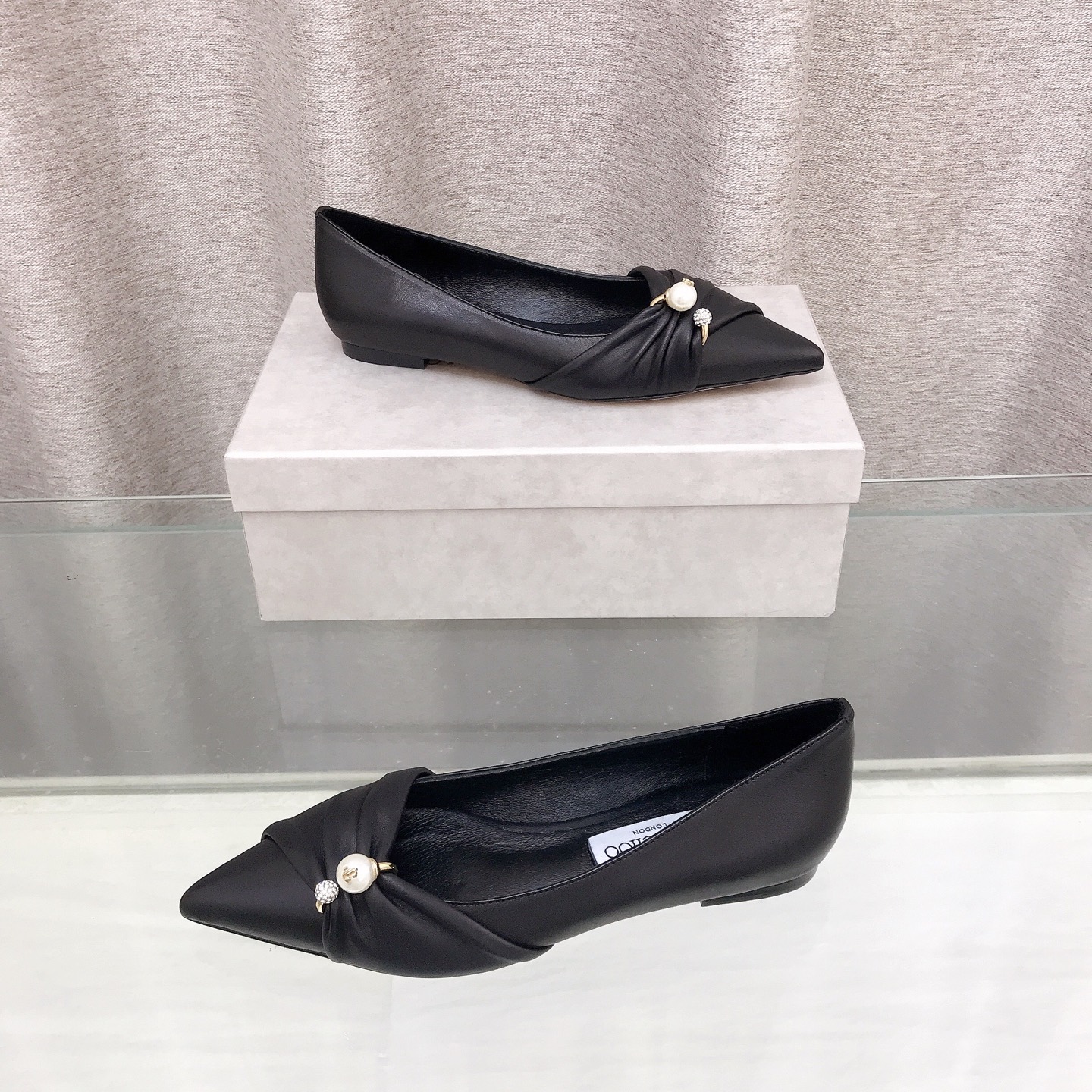 Ruched Leather Pearl Crystal Pointed Flat Pumps