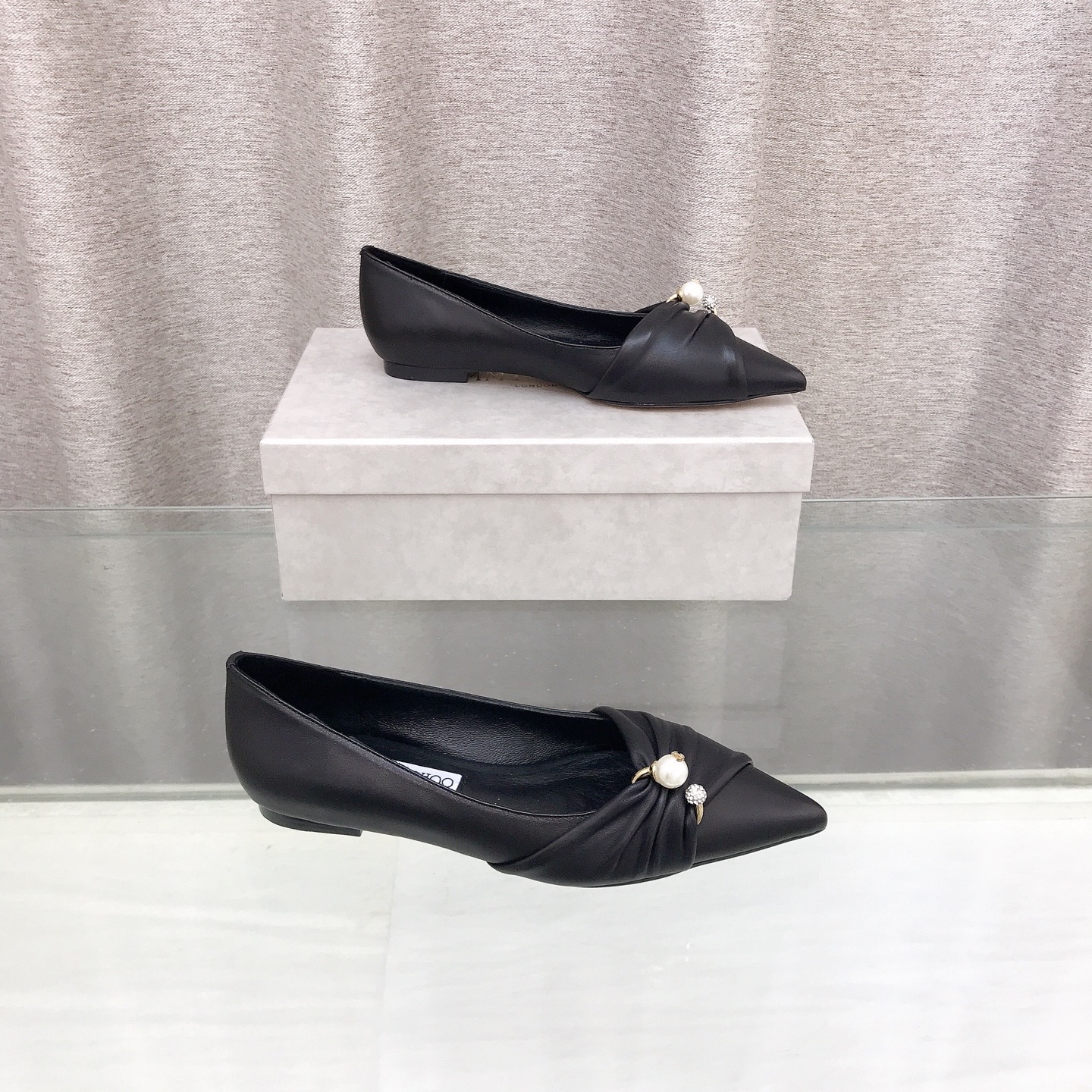 Ruched Leather Pearl Crystal Pointed Flat Pumps