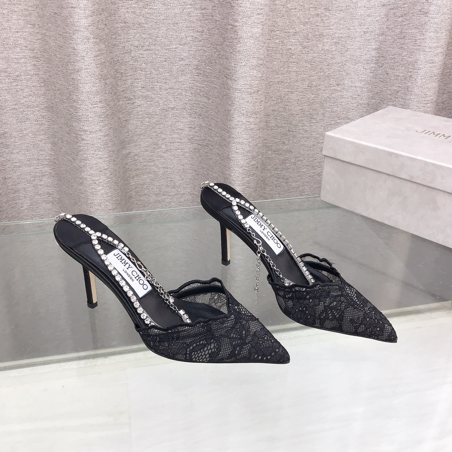 Jimmy Choo Wavy Lace Crystal Chain Mule Pumps